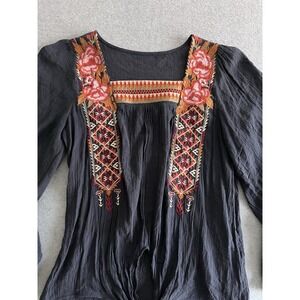 Entro Womens Embroidered Boho Blouse Small Blue w/Multicolor Embroidery Tie Bell